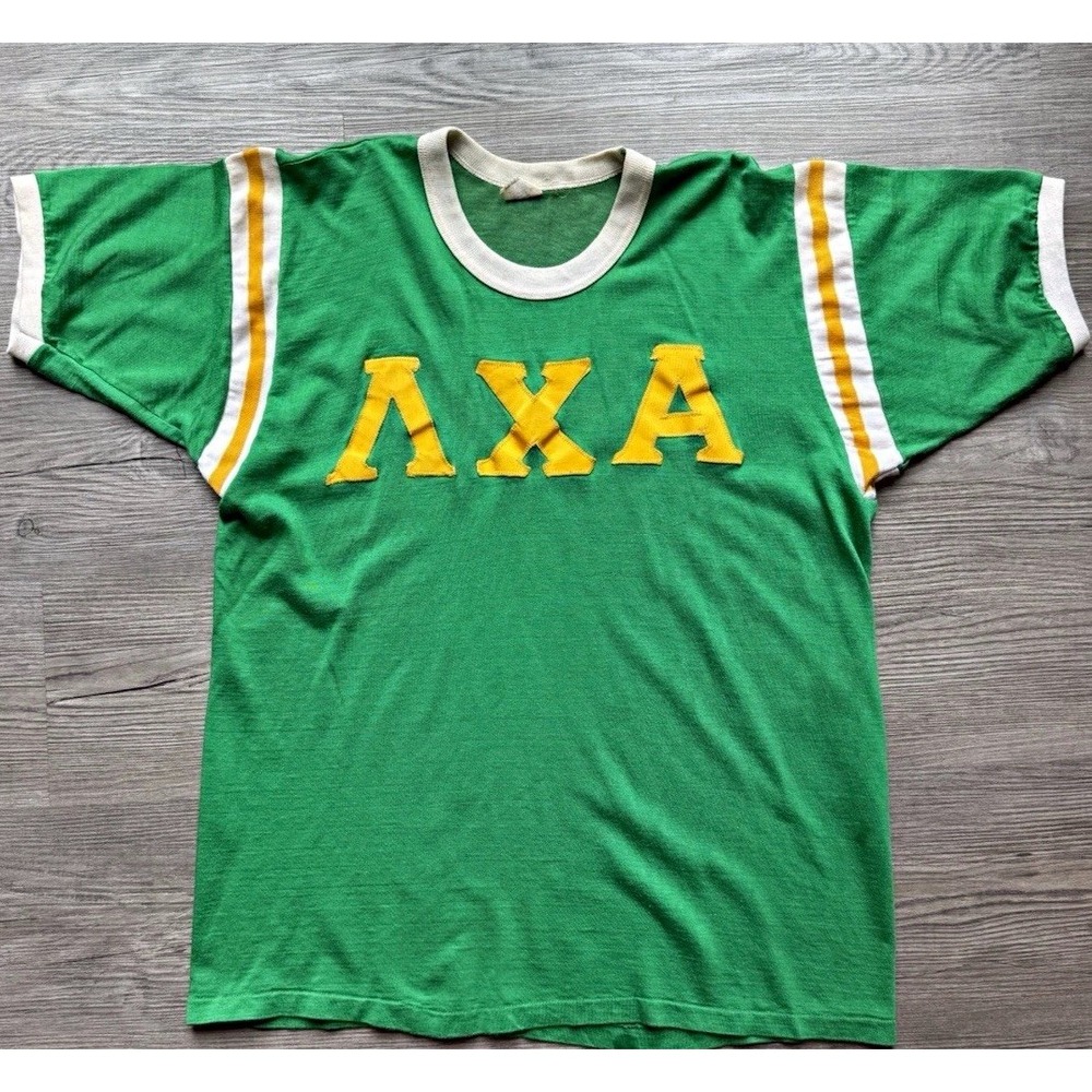 Vintage Lambda Chi Alpha T-Shirt Mens XL Green Good Greek Letter Ringer Tee